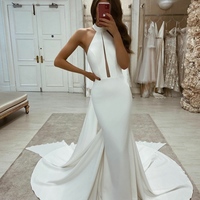 Long halter neck mermaid zipper back satin ivory wedding dress,844 - Thumbnail 2