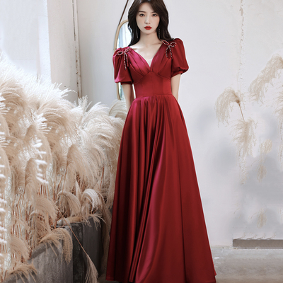 Burgundy satin long prom dress a line evening dress - Thumbnail 1