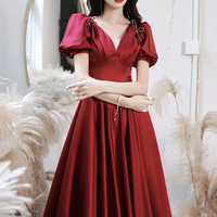 Burgundy satin long prom dress A line evening dress - Thumbnail 1
