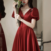 Burgundy satin long prom dress A line evening dress - Thumbnail 2