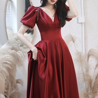 Burgundy satin long prom dress A line evening dress - Thumbnail 3