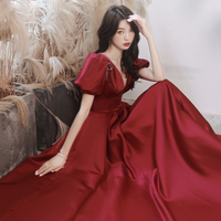 Burgundy satin long prom dress A line evening dress - Thumbnail 5