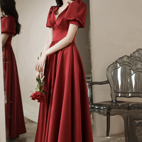 Burgundy satin long prom dress A line evening dress - Thumbnail 6