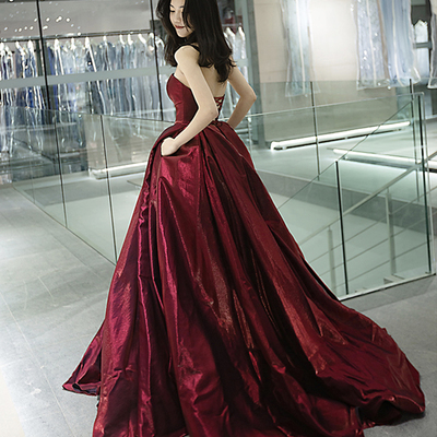 Burgundy satin long prom dress a line evening gown - Thumbnail 2
