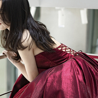 Burgundy satin long prom dress A line evening gown - Thumbnail 2