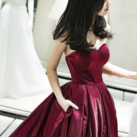 Burgundy satin long prom dress A line evening gown - Thumbnail 3
