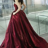 Burgundy satin long prom dress A line evening gown - Thumbnail 5