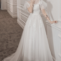 White tulle lace long prom dress A line evening dress - Thumbnail 1