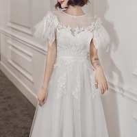 White tulle lace long prom dress A line evening dress - Thumbnail 2