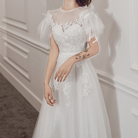 White tulle lace long prom dress A line evening dress - Thumbnail 3