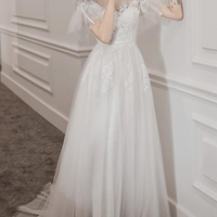 White tulle lace long prom dress A line evening dress - Thumbnail 4