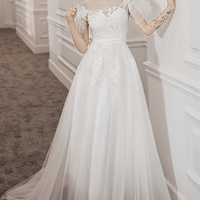 White tulle lace long prom dress A line evening dress - Thumbnail 5