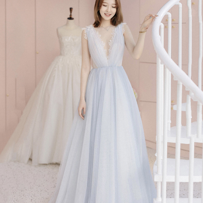 Cute v neck tulle long prom dress a line evening dress - Thumbnail 2