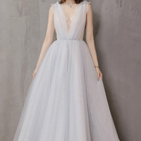 Cute v neck tulle long prom dress A line evening dress - Thumbnail 1