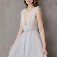 Cute v neck tulle long prom dress A line evening dress - Thumbnail 2