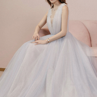 Cute v neck tulle long prom dress A line evening dress - Thumbnail 3
