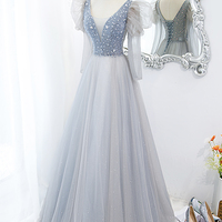 Cute v neck tulle long prom dress A line evening dress - Thumbnail 2
