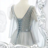 Cute v neck tulle long prom dress A line evening dress - Thumbnail 4