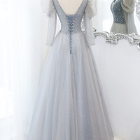 Cute v neck tulle long prom dress A line evening dress - Thumbnail 5