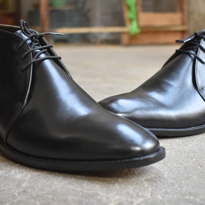 New men's hand stitch black genuine leather lace up chukka boot - Thumbnail 2