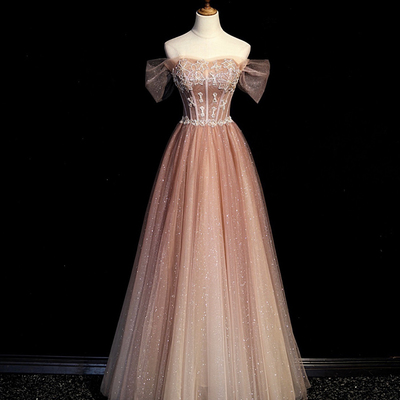 High quality tulle beads long prom dress a line evening dress - Thumbnail 1