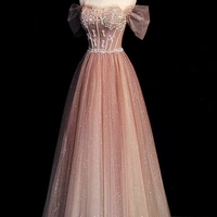 High quality tulle beads long prom dress A line evening dress - Thumbnail 3