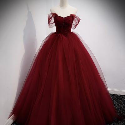 Burgundy tulle leong prom dress a line evening dress - Thumbnail 3