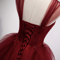 Burgundy tulle leong prom dress A line evening dress - Thumbnail 2