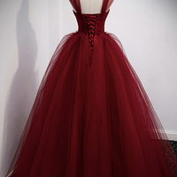 Burgundy tulle leong prom dress A line evening dress - Thumbnail 3