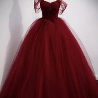 Burgundy tulle leong prom dress A line evening dress - Thumbnail 5