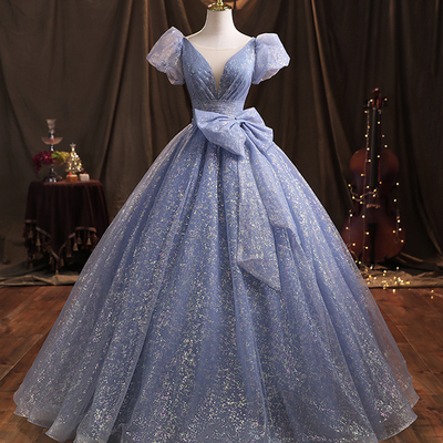 Blue tulle sequins long ball gown dress formal dress - Thumbnail 2