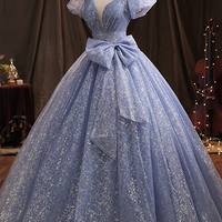 Blue tulle sequins long ball gown dress formal dress - Thumbnail 2