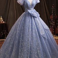Blue tulle sequins long ball gown dress formal dress - Thumbnail 3