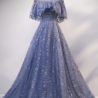 Blue tulle sequins long prom dress eveing dress - Thumbnail 5