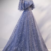 Blue tulle sequins long prom dress eveing dress - Thumbnail 2