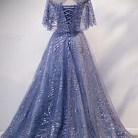 Blue tulle sequins long prom dress eveing dress - Thumbnail 4