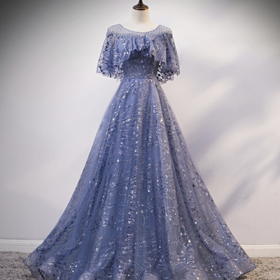 Blue tulle sequins long prom dress eveing dress - Thumbnail 1
