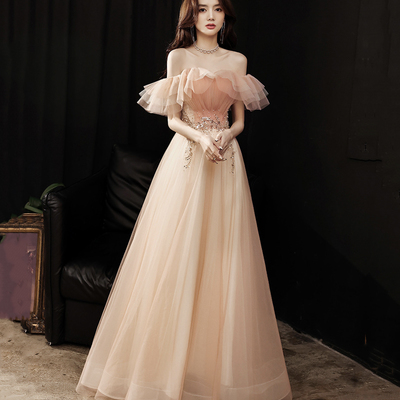 Pink tulle beads long prom dress a line evening dress - Thumbnail 2