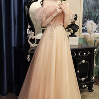 Pink tulle beads long prom dress A line evening dress - Thumbnail 1