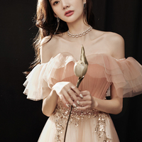 Pink tulle beads long prom dress A line evening dress - Thumbnail 2