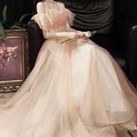 Pink tulle beads long prom dress A line evening dress - Thumbnail 3