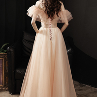 Pink tulle beads long prom dress A line evening dress - Thumbnail 4