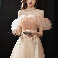 Pink tulle beads long prom dress A line evening dress - Thumbnail 5