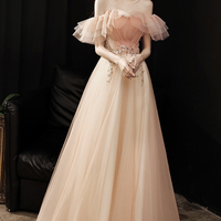 Pink tulle beads long prom dress A line evening dress - Thumbnail 6