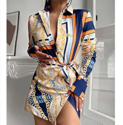 Women Chain Long Sleeve Print Dress