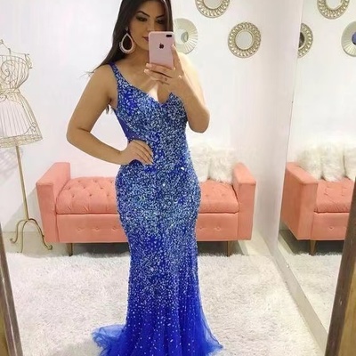 V neck prom dresses with rhinestones royal blue - Thumbnail 1