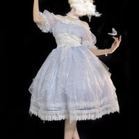 Japanese Princess Doll Fairy Cinderella Layered Lace Pearl Bow Blue White Dress - Thumbnail 1