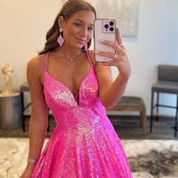 Sparkly Hot Pink Ball Gown Sequins Prom Dress with Straps - Thumbnail 1