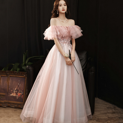 Pink tulle sequins long prom dress pink evening dress - Thumbnail 2