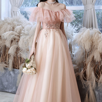 Pink tulle sequins long prom dress pink evening dress - Thumbnail 2